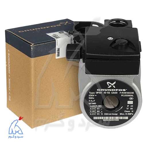 پمپ GRUNDFOS گرانفوس 55-15 - هوزینگ ایساتیس بدون ایرونت در کنار جعبه